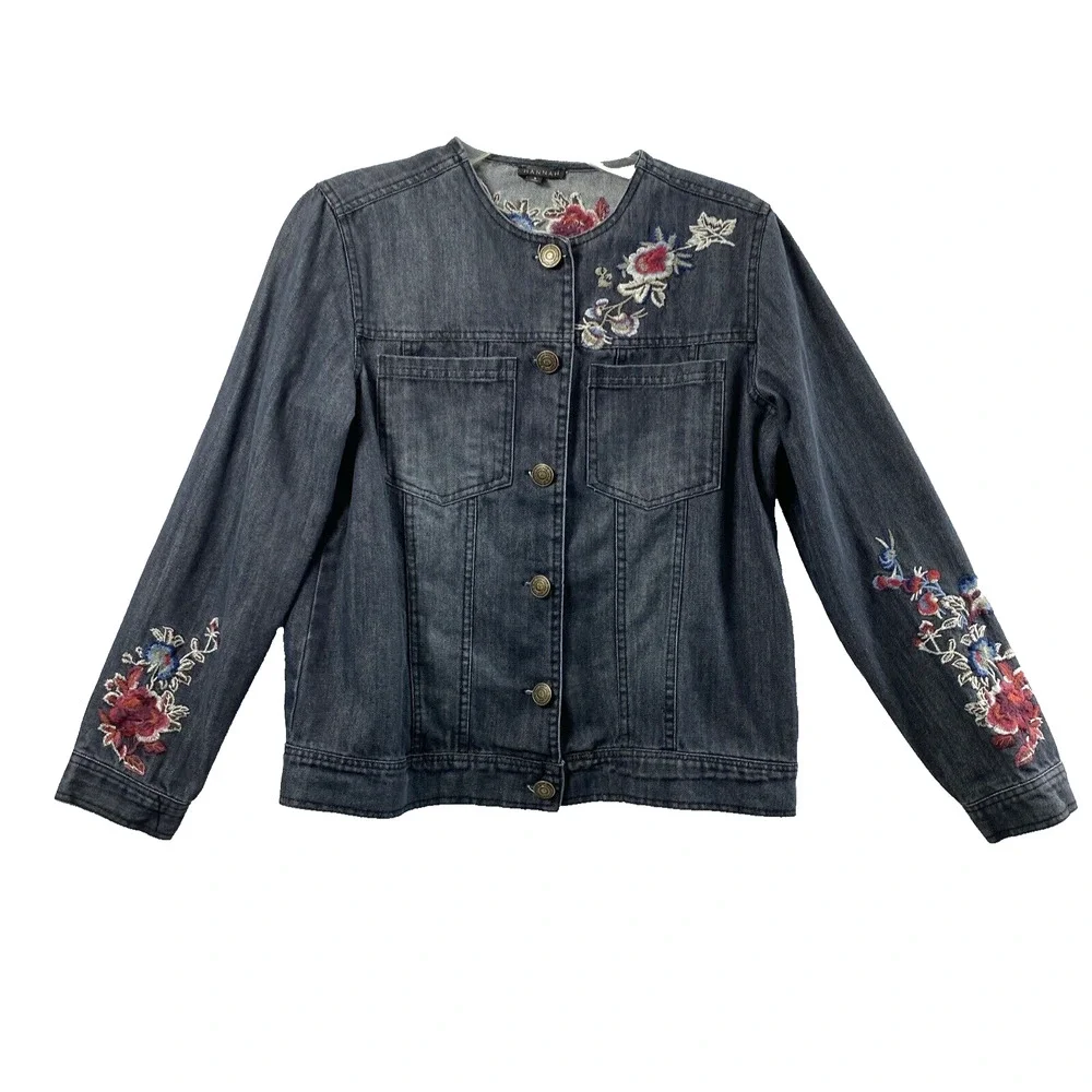 Hannah Jean Jacket Womens Small Black Denim Floral Embroidered Button Down - Picture 1 of 15